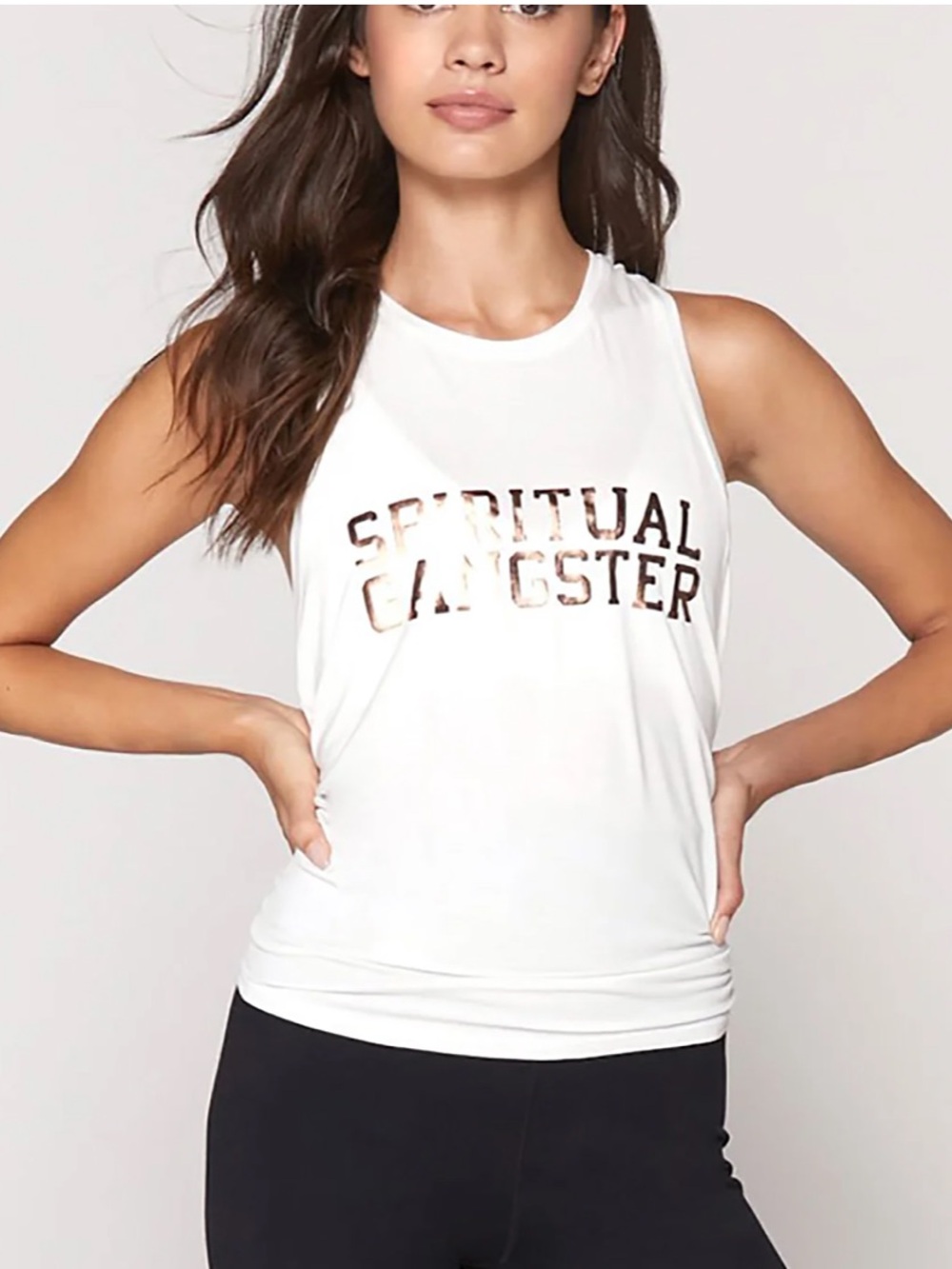 Spiritual Gangster White Muscle Tee with Metallic Rose Gold Logo